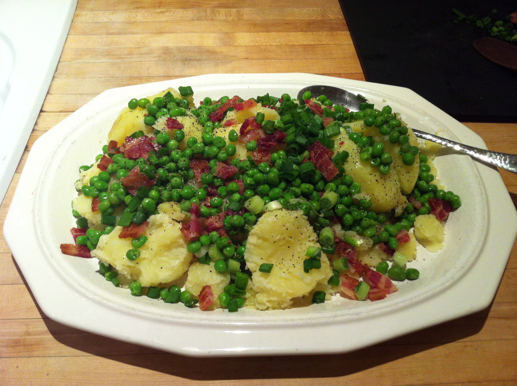 Potatoes Crushed with Bacon, Peas & Scallions